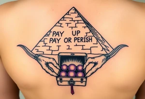 "Great Pyramid with 'PAY UP OR PERISH' carved in hieroglyphs. Alien hands (in white gloves) exchange a briefcase of glowing orbs.  

Style: 1950s pulp sci-fi. Colors: sand yellow/black/purple." tattoo idea