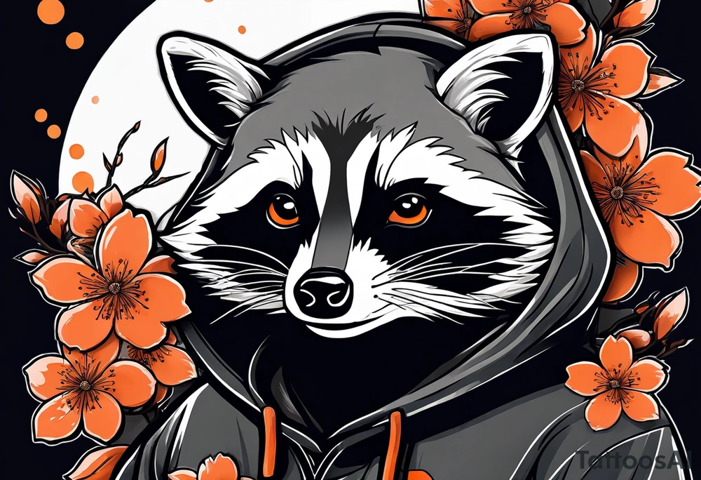 Raccoon wearing a white Superman logo on a black hoodie and orange Japanese cherry blossoms beside tattoo idea