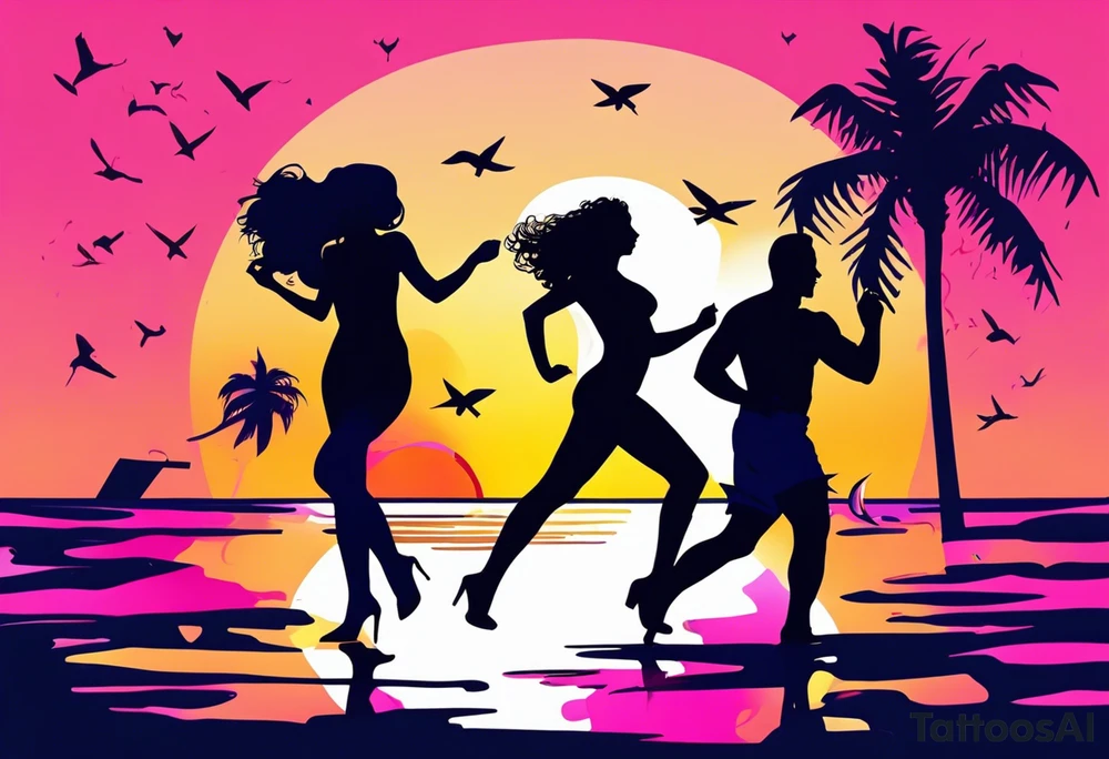 1980's miami vice style beach dance 
party, include confetti, music notes, boom box, SILHOUETTE bikinis sunset in the center tattoo idea