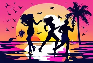 1980's miami vice style beach dance 
party, include confetti, music notes, boom box, SILHOUETTE bikinis sunset in the center tattoo idea