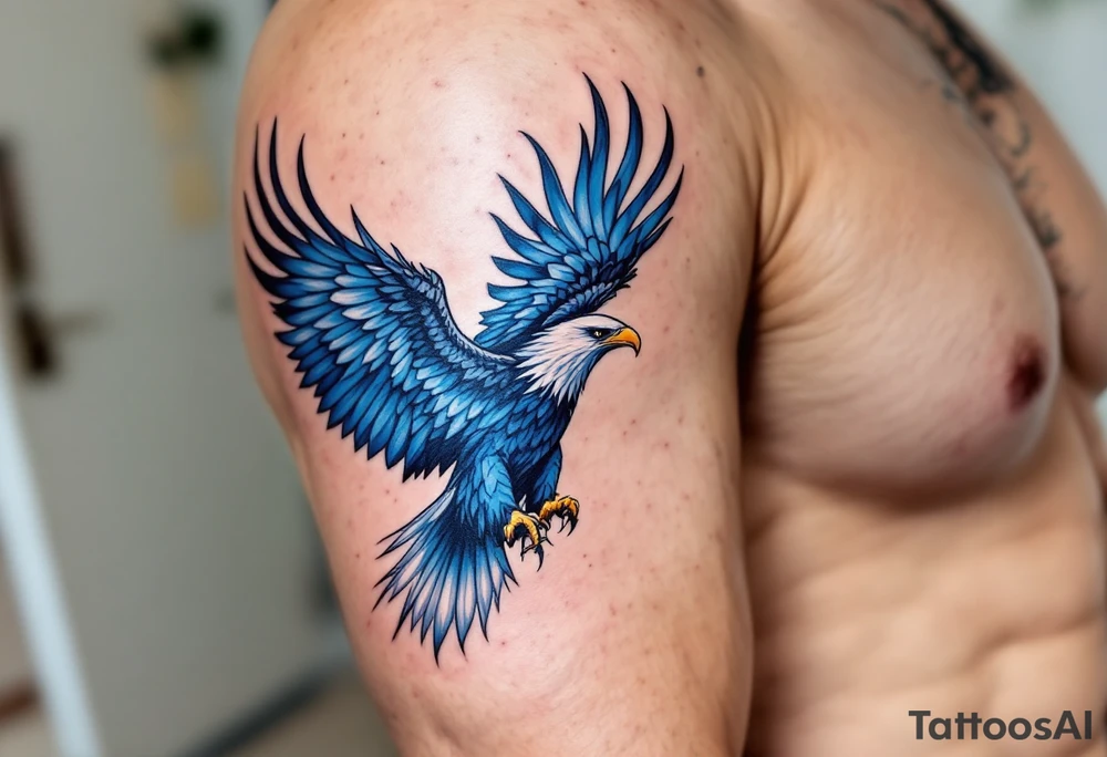 A vibrant blue soaring eagle symbolizes freedom and strength in the face of adversity. tattoo idea