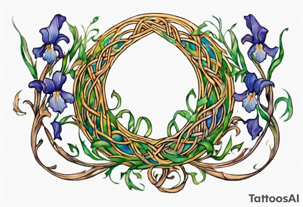 Create a small, colorful Vincent van Gogh Irises tattoo in the form of a crescent, with vines in Celtic knot style gracefully intertwining at a central point in the middle of the wreath. The intended placement is on the upper chest. The middle needs mountains. The overall design should be small in size while maintaining a delicate and artistic aesthetic. Pay attention to the graceful flow of the vines and the placement of the irises to achieve a refined and elegant look. tattoo idea