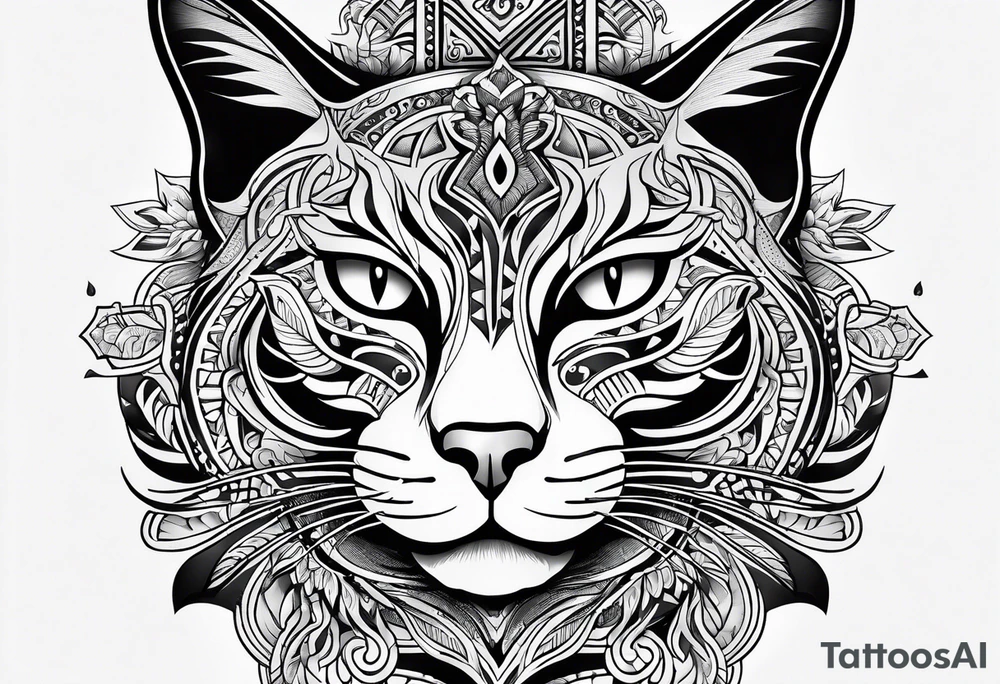 maori tattoo with cat tattoo idea