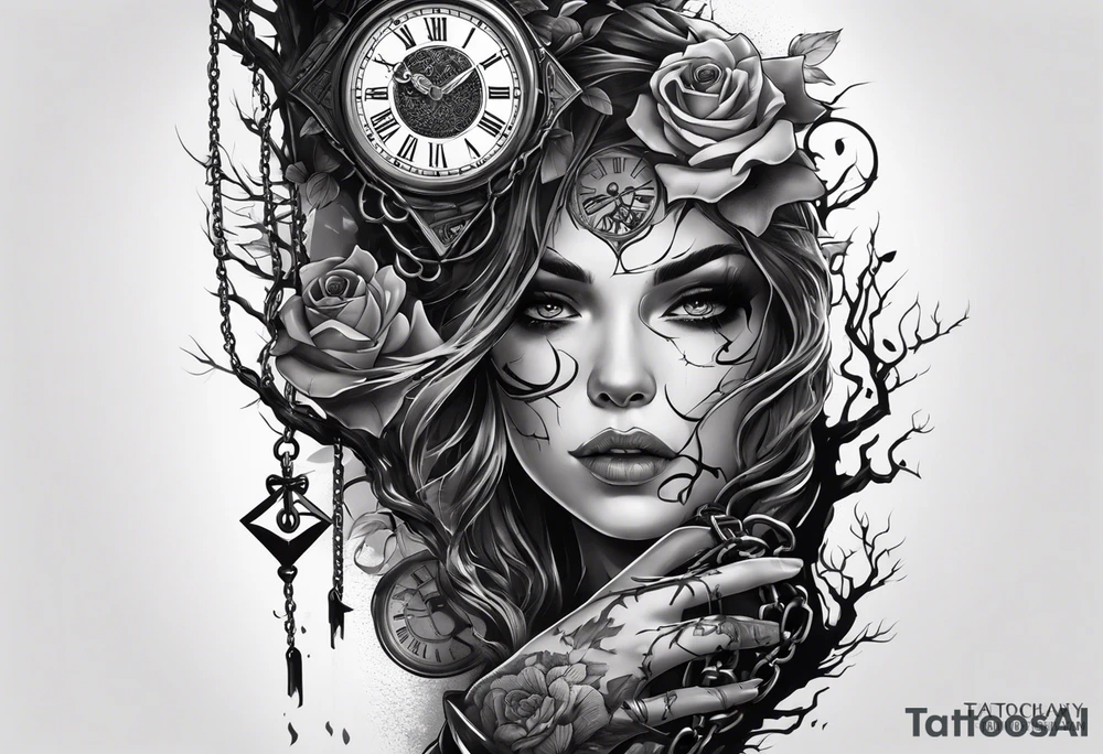 tattoo fool sleeve, tree roots break out of the chains at the bottom of the hand, broken mask, Clock with flying numbers, girl, skull, roses, less shadows tattoo idea