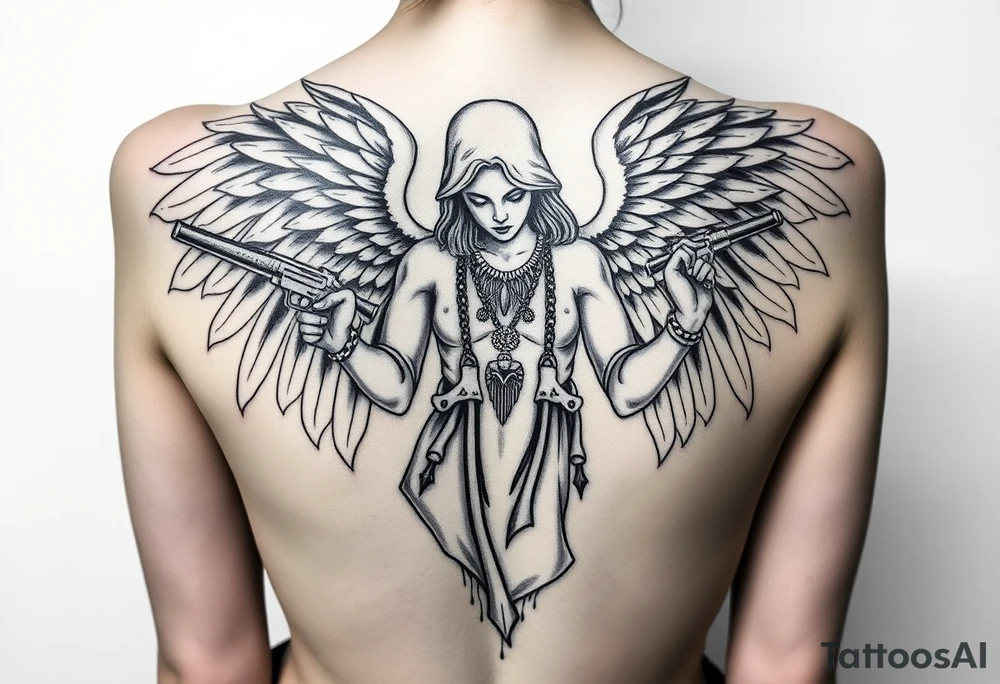 tattooed criminal-style angel statue, weapons in hand, gangster-style gold necklaces tattoo idea