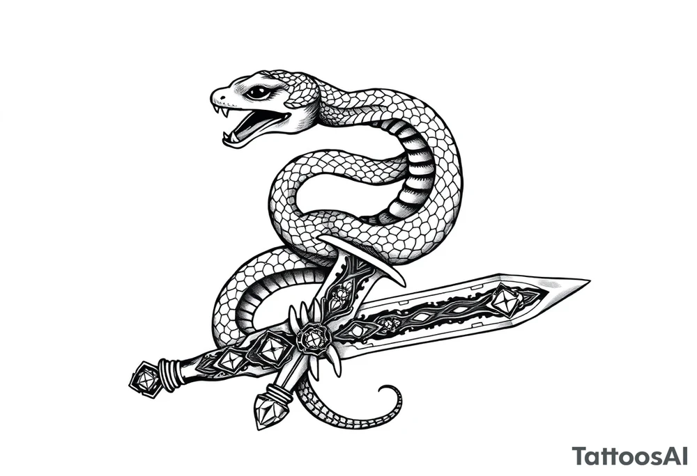 mystical snake coiled around an ancient dagger with jeweled hilt tattoo idea