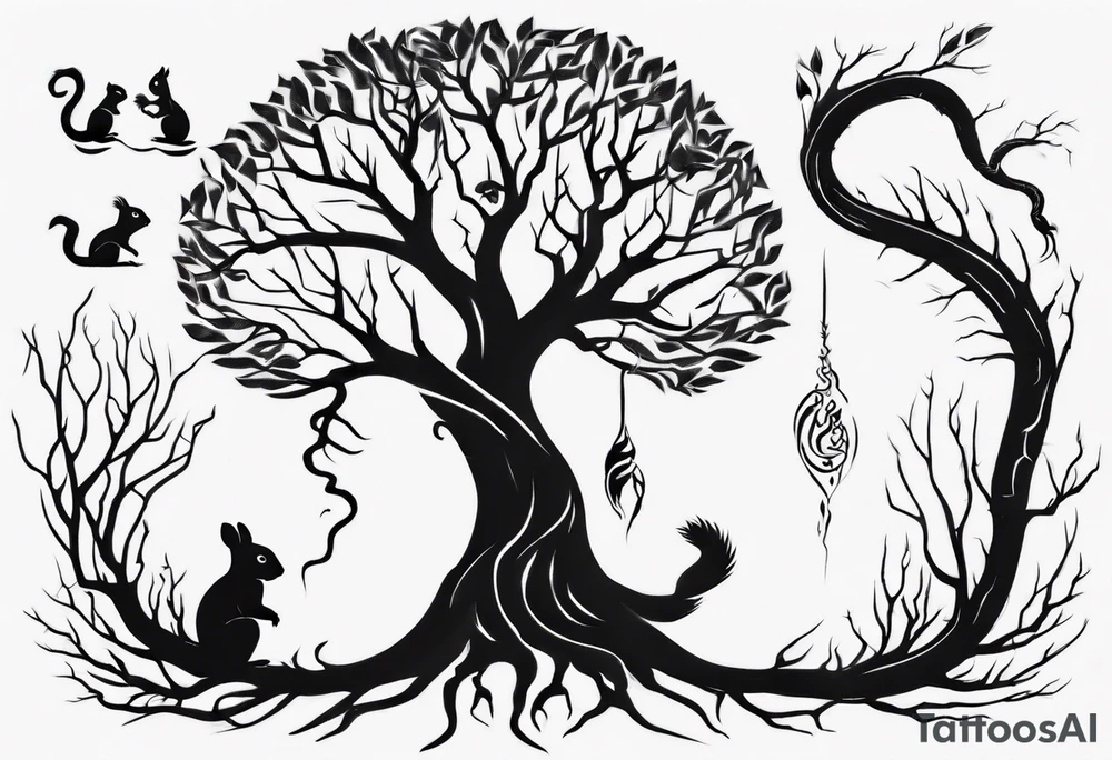 a bare tree with a small squirrel running up the side, a serpent weaving through the tree roots tattoo idea a bare tree with a small squirrel running up the side, a serpent weaving through the tree roots tattoo idea