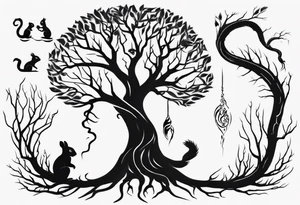 a bare tree with a small squirrel running up the side, a serpent weaving through the tree roots tattoo idea