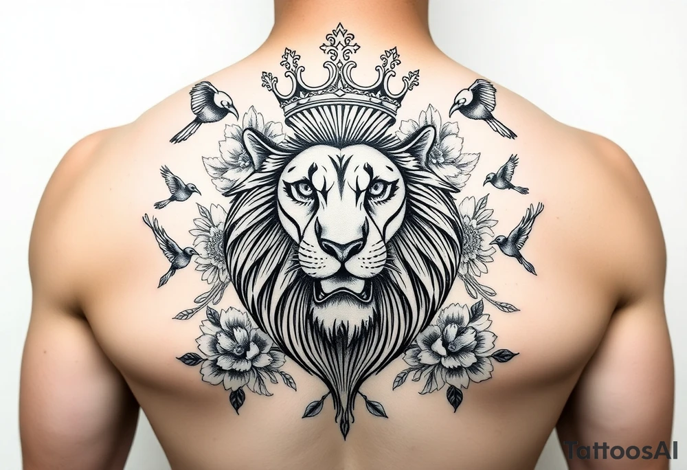powerful majestic lion with a crown, surrounded by floral ornaments and birds tattoo idea