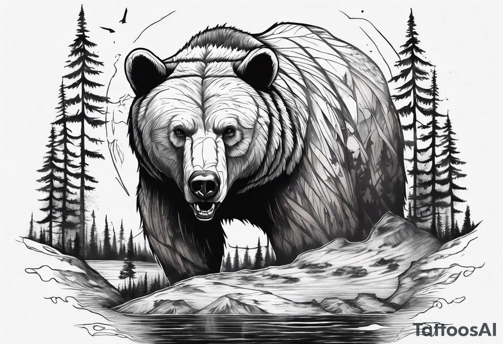 bear head right above the forest line with a lake below, full arm sleeve tattoo tattoo idea