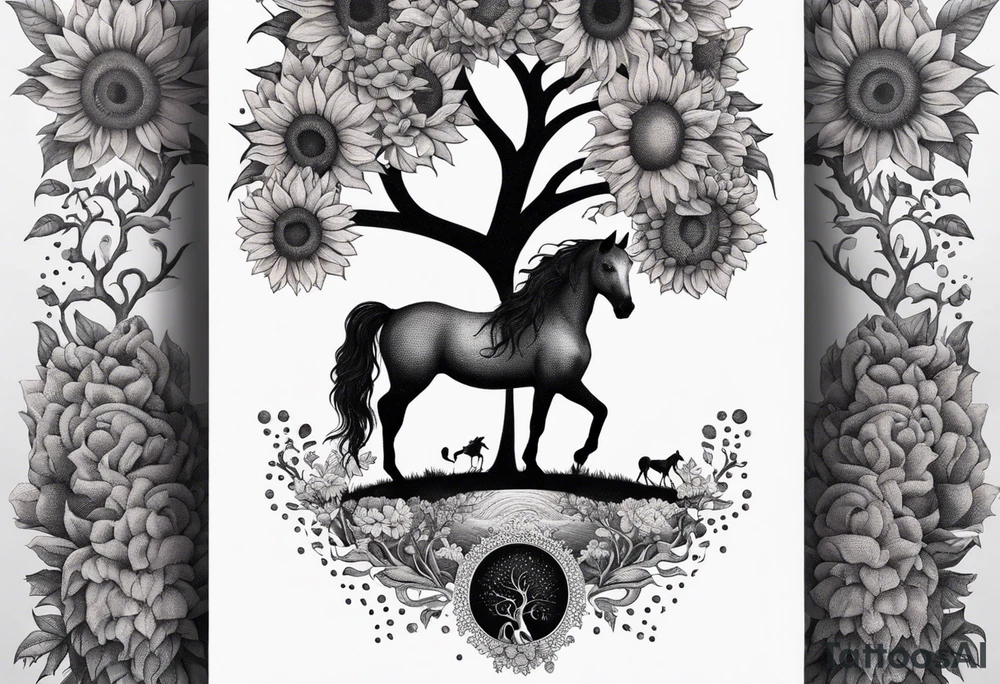 Yggdrasil tree, horse in front of it, and sunflowers tattoo idea