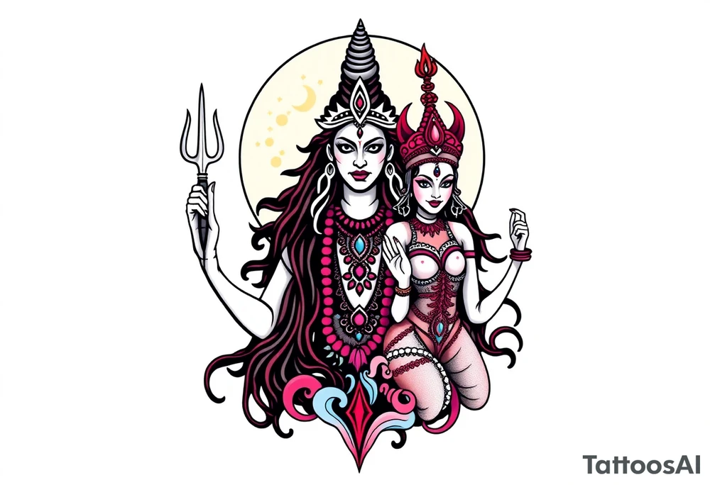 Lord Shiva, Godess Kali, Godess Lilith Together with the moon in the background tattoo idea