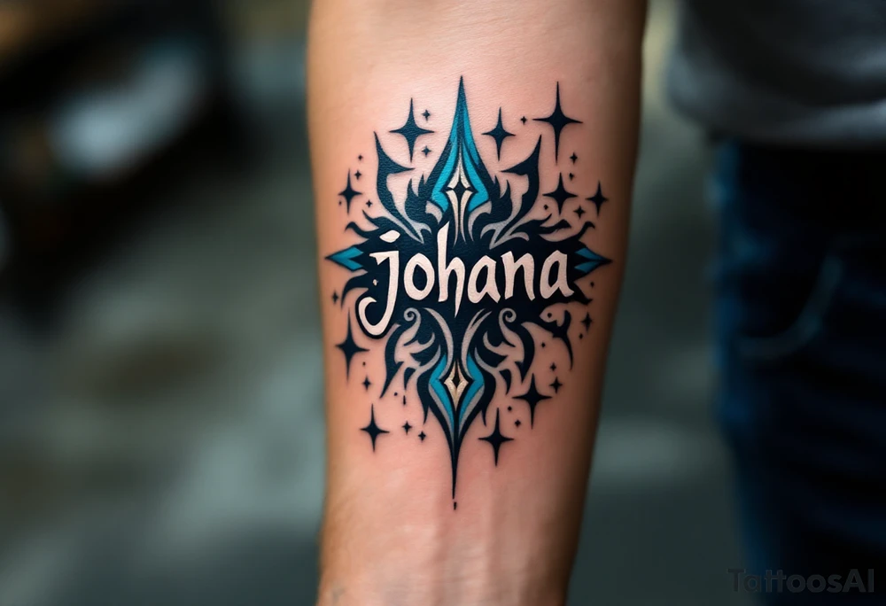 Johana scripted in a whimsical style, accented with whimsical stars in silver and light blue. tattoo idea