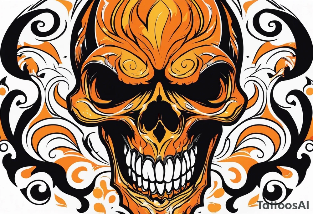 skull laughing black and orange tattoo idea