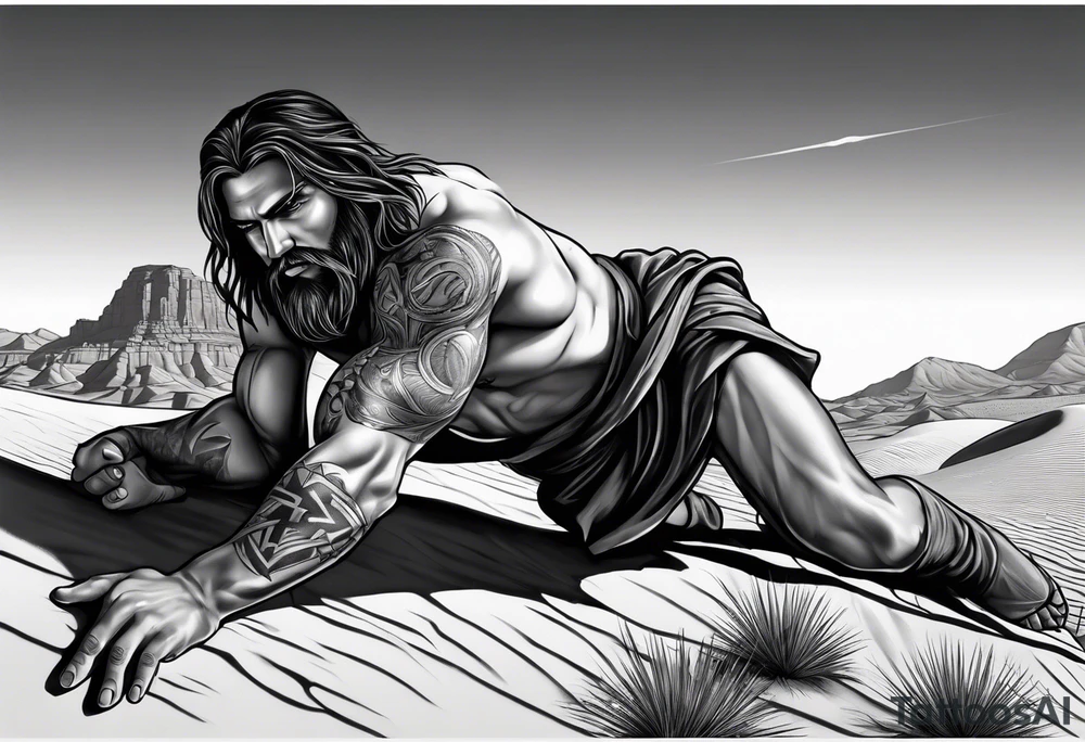 man crawling in a desert toward the cross of Christ tattoo idea