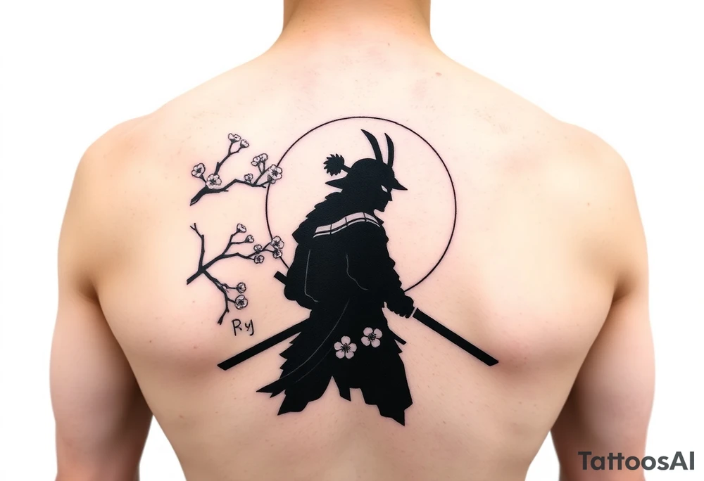 noble samurai warrior silhouette at sunset with cherry blossoms tattoo idea