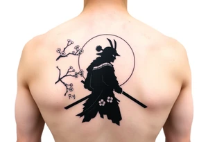 noble samurai warrior silhouette at sunset with cherry blossoms tattoo idea