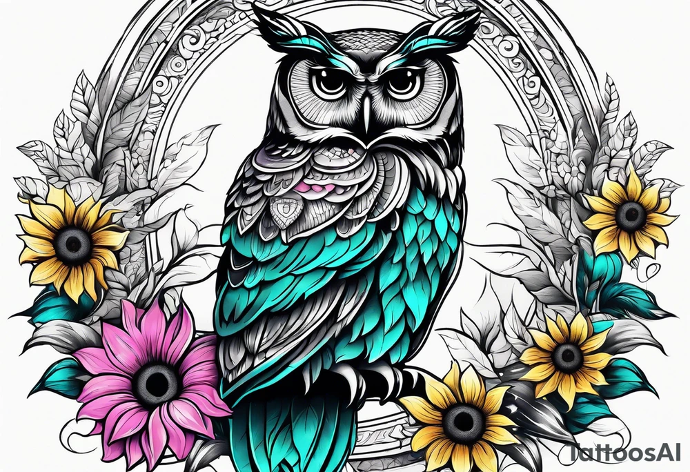 Black and white owl shaded teal, pink and purple surrounded by yellow sunflowers sleeve tattoo idea