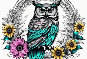 Black and white owl shaded teal, pink and purple surrounded by yellow sunflowers sleeve tattoo idea