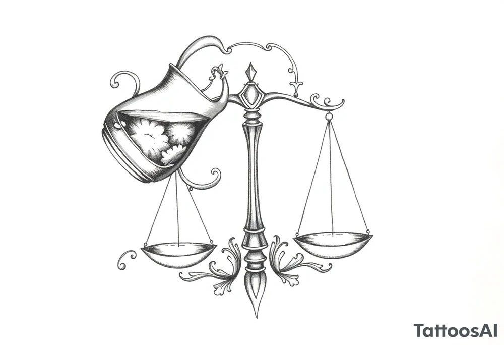 I want a tattoo that combines the Aquarius water bearer and the Libra scales. The water should flow elegantly from the jug, merging into and balancing the scales below. tattoo idea