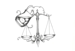 I want a tattoo that combines the Aquarius water bearer and the Libra scales. The water should flow elegantly from the jug, merging into and balancing the scales below. tattoo idea