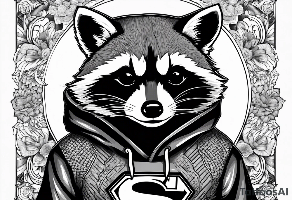 raccoon wearing a Superman hoodie tattoo idea