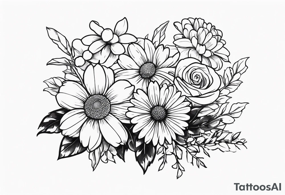 Daisy, rose, holly flower bouquet
All flowers have stems being held by a bow tattoo idea