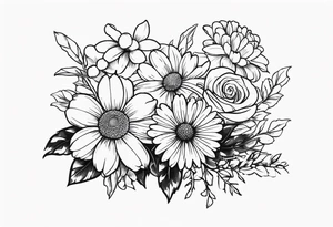 Daisy, rose, holly flower bouquet
All flowers have stems being held by a bow tattoo idea