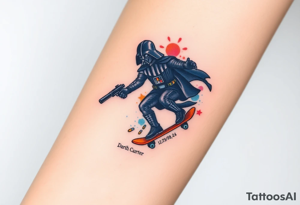 Darth Vader skateboarding with gun> bullets > memorial > god > colors > futuristic 
add name "Darth Carter" on skateboard
add date 12/29/88-01/06/24 tattoo idea