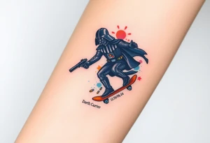 Darth Vader skateboarding with gun> bullets > memorial > god > colors > futuristic 
add name "Darth Carter" on skateboard
add date 12/29/88-01/06/24 tattoo idea