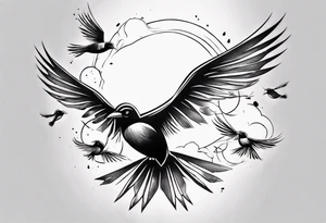 shoulder tattoo with light rays with birds flying free among the clouds, round shape, with gradient ends tattoo idea