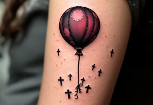 Tim Burton’s lost balloon floats above tombstones, deep maroon with stitched patches and a frayed black string. tattoo idea