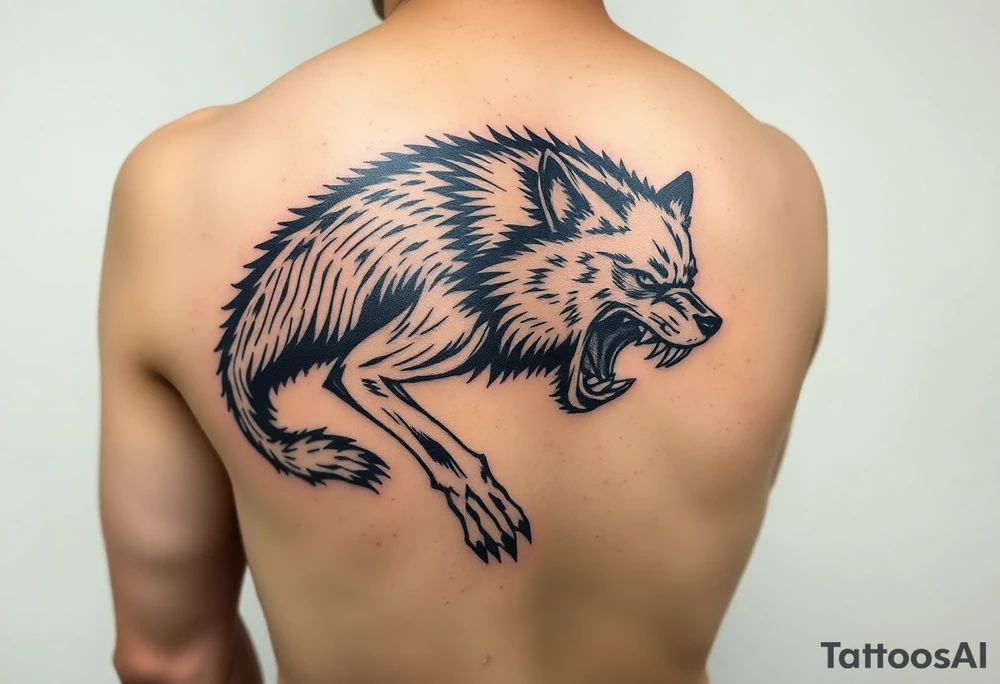 a tattoo of a creeping wolf with bared fangs, the tattoo is to be on the entire thigh and show the entire figure of the wolf that creeps, crouching low and baring its fangs tattoo idea