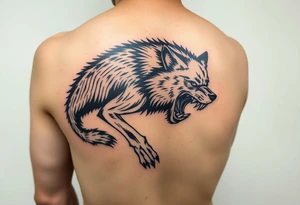 a tattoo of a creeping wolf with bared fangs, the tattoo is to be on the entire thigh and show the entire figure of the wolf that creeps, crouching low and baring its fangs tattoo idea