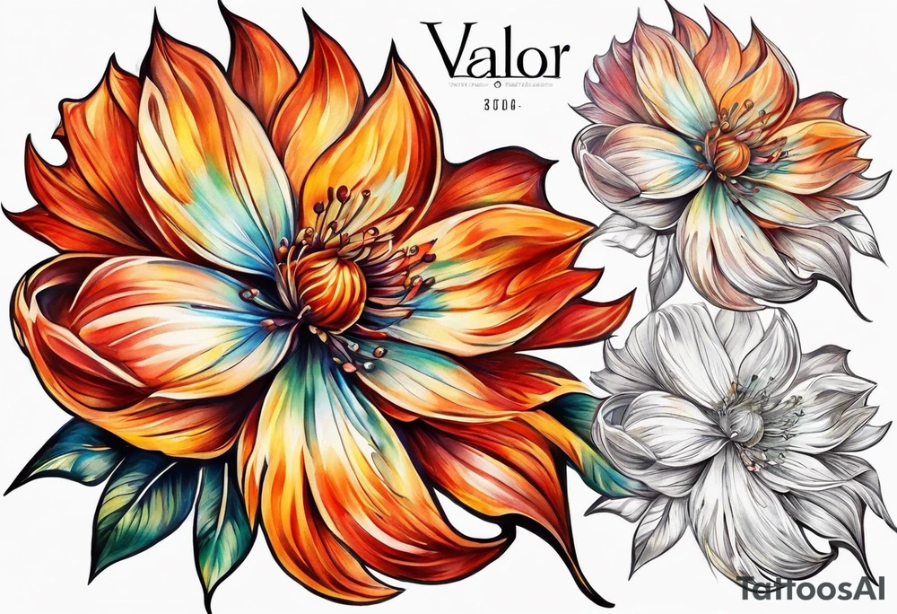 A fire wheel flower with the name Valor in the stem tattoo idea