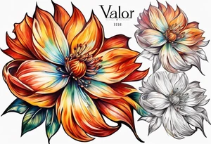 A fire wheel flower with the name Valor in the stem tattoo idea