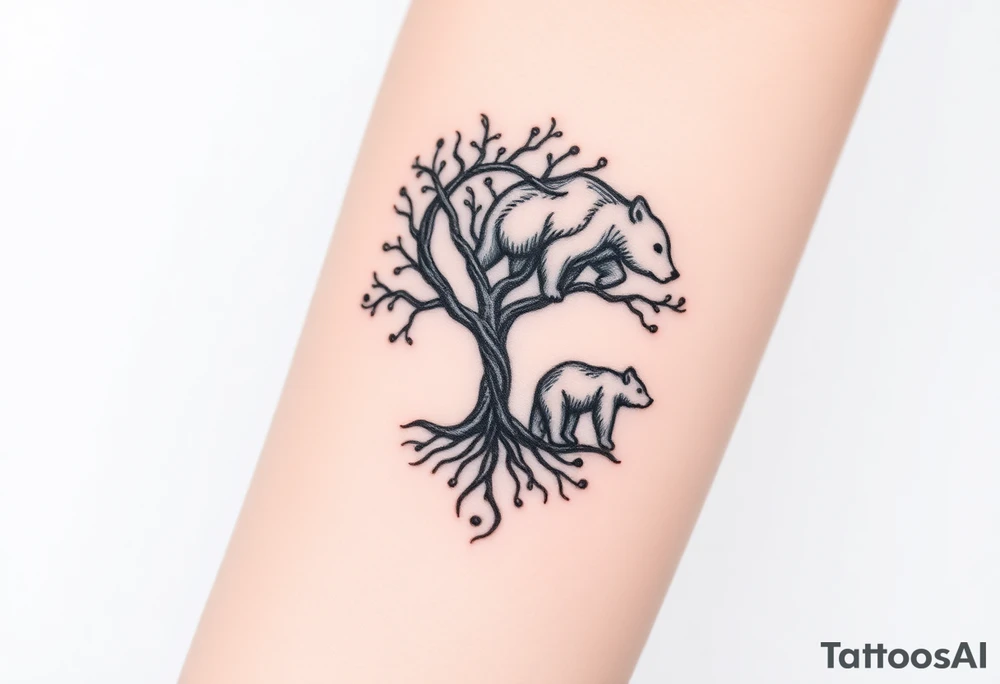 Tree of life one adult bear and one baby bear tattoo idea