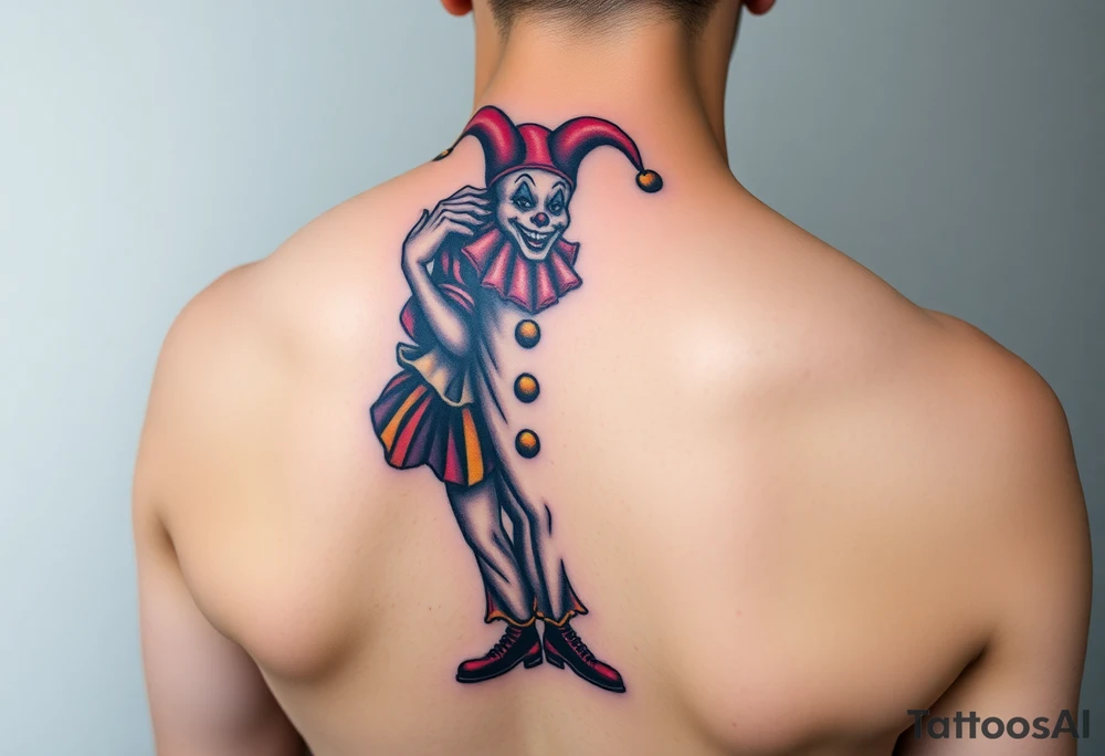 jester clown standing behind partner holding cheeks up to smile tattoo idea