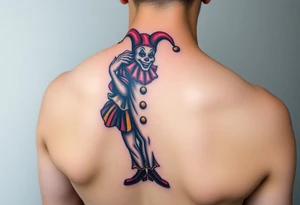 jester clown standing behind partner holding cheeks up to smile tattoo idea