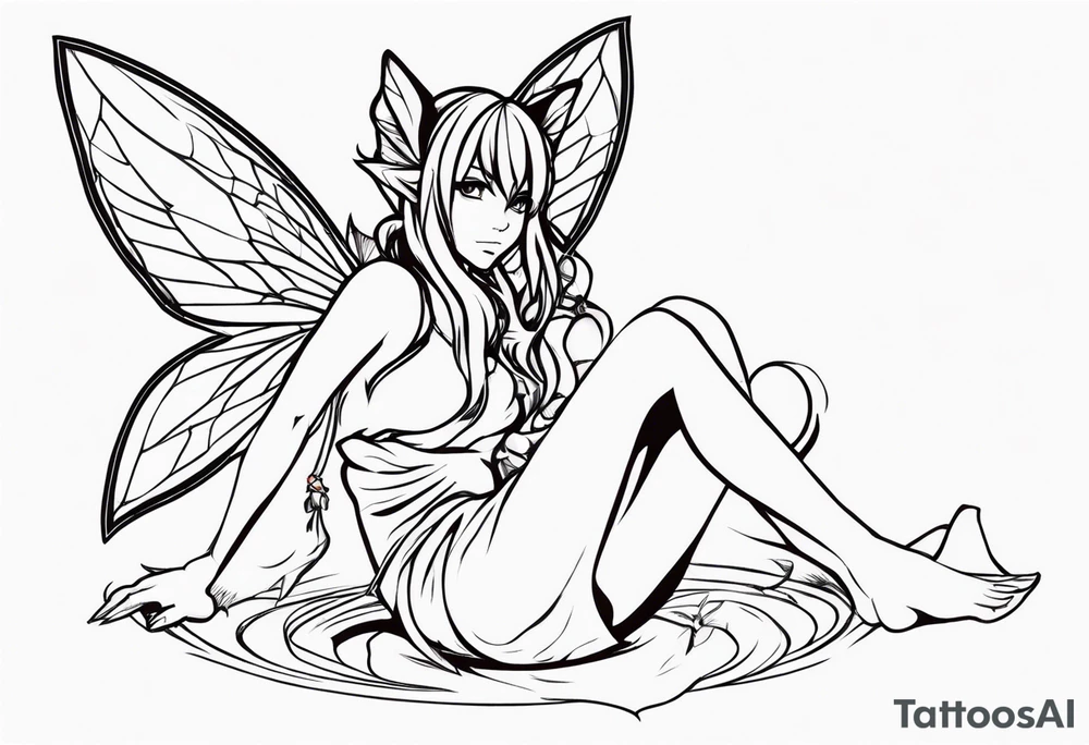 No background and no color sketch of a fairy with a tail inspired by the guild symbol in the anime show called Fairy Tail in a fetal position leaning in and forward while crawled in tattoo idea