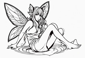 No background and no color sketch of a fairy with a tail inspired by the guild symbol in the anime show called Fairy Tail in a fetal position leaning in and forward while crawled in tattoo idea