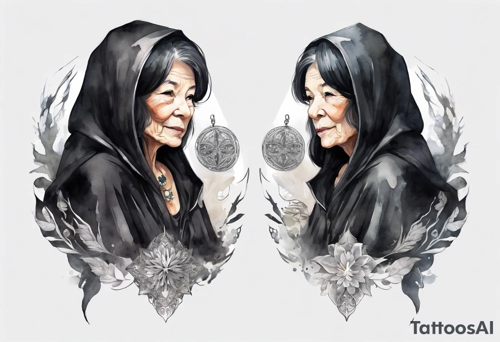 a beautiful grandmother with black hair dressed in a black cloak with a silver amulet tattoo idea