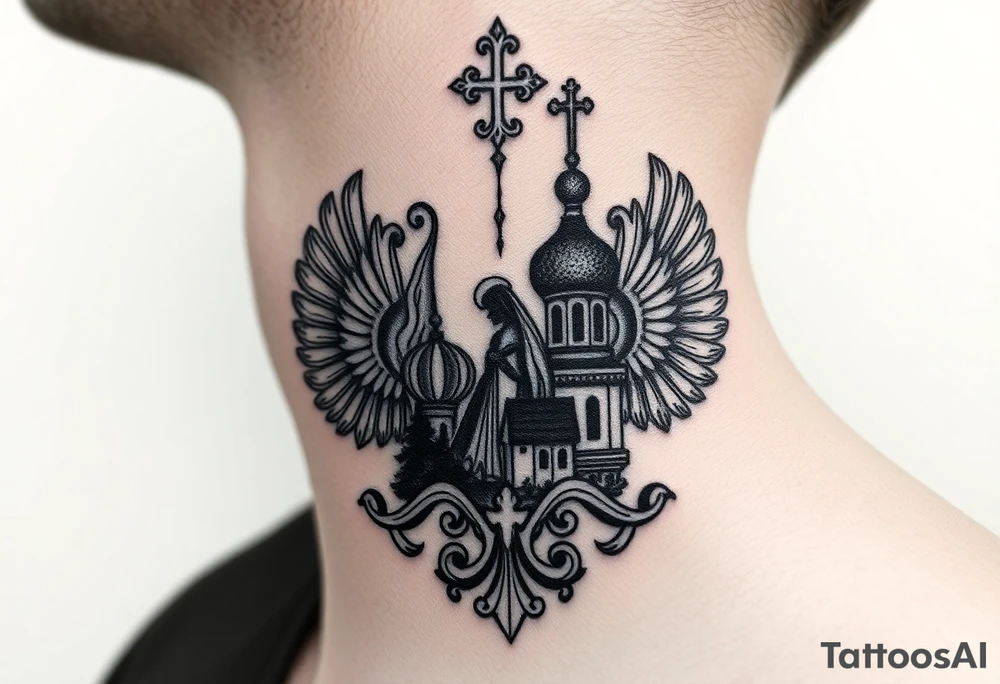 Traditional authentic Russian coat of arms with a Christian orthodox virgin marry in the middle and silhouette in a Russian wilderness Christian orthodoxy dome church village setting on the side of my neck tattoo idea