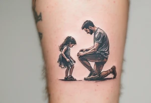 Tattoo of a father kneeling to tie his daughter’s shoes, drawn in detailed silhouette with slight warm gray shading. tattoo idea
