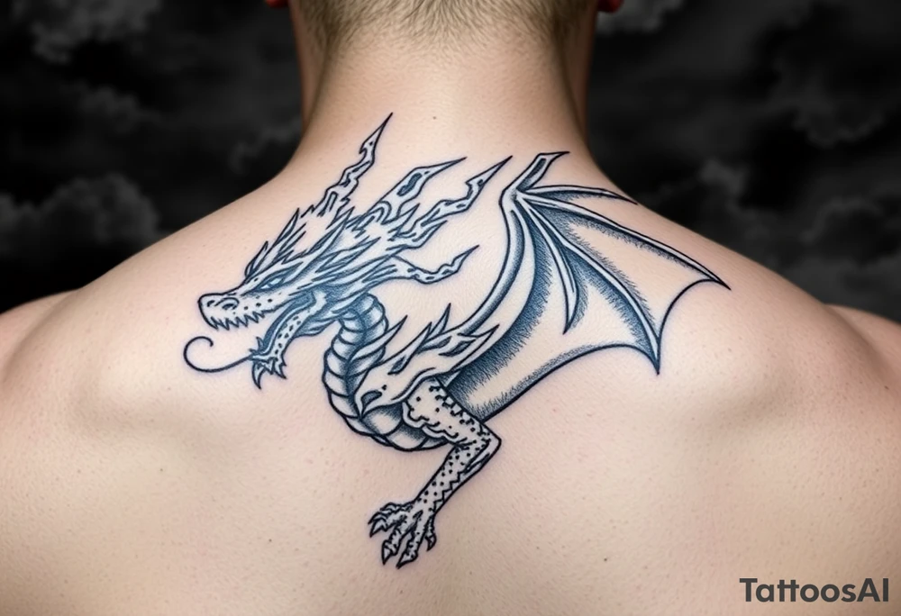 fierce dragon breathing iridescent fire against stormy skies tattoo idea