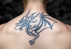 fierce dragon breathing iridescent fire against stormy skies tattoo idea