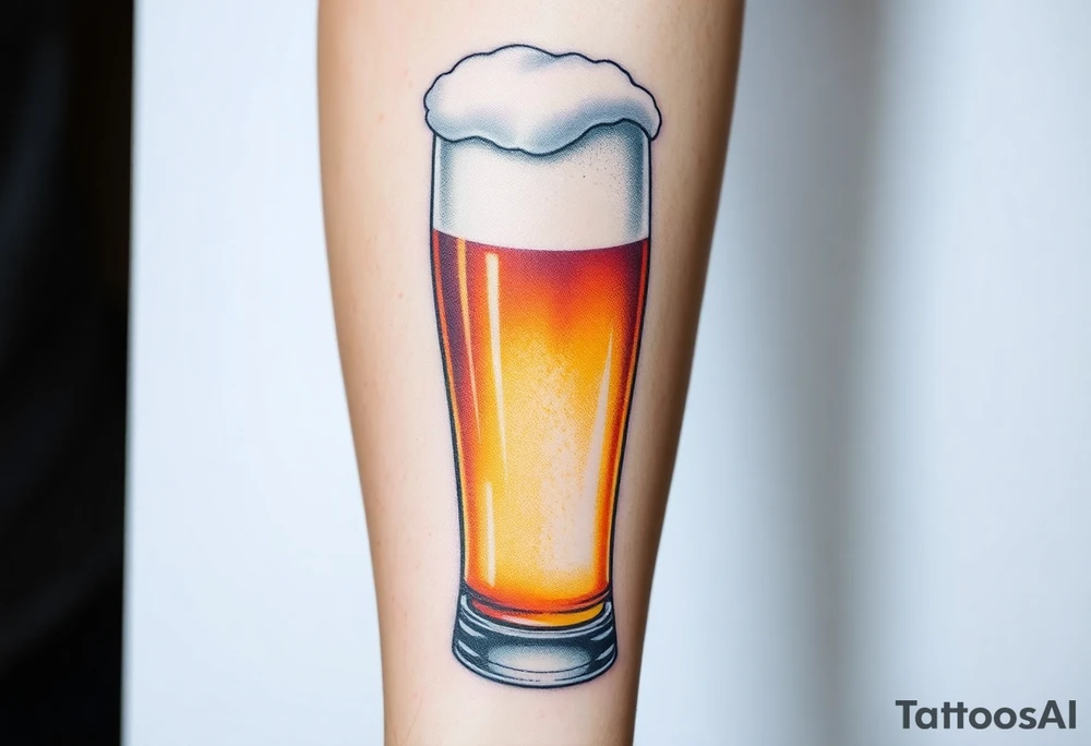 A tall, ice-cold pilsner glass with a thick white foam head, illuminated by warm amber and honey hues tattoo idea