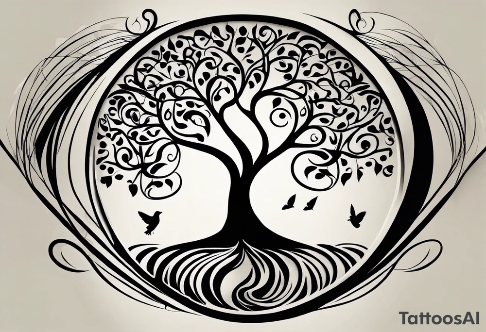 A tattoo design that incorporates the following elements: an abstract tree of life that has roots emerging  from the ground. Waves of water encapsulate the tree and wind around it in an organic way.  Incorporate music.   the letters U and A are overlapping and engraved into the tree. a golf ball incorporated but not prominent. tattoo idea