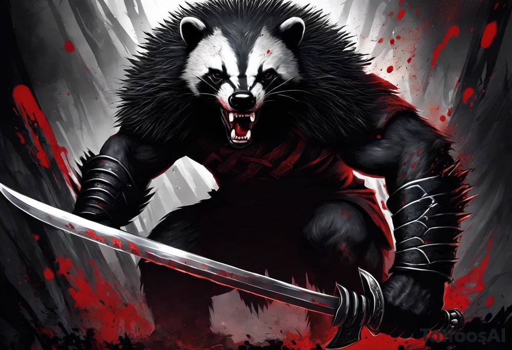 Draw me psychopath Honey Badger/Berserker with aggressive full body, killer face with a scary smile, very long nails and he attacks like a Bloody Assassin/Warrior/Gladiator to us and also, he has very deadly looking. He fights with his nails. Everybody scares after their first sight. Give me horror type Badger Tattoo. I want to see his Realistic full body with no weapons. You can show destruction. tattoo idea