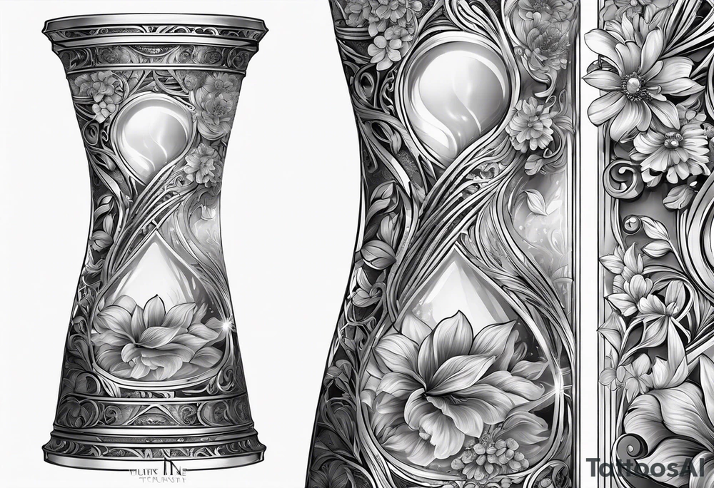 beautiful highly detailed hour glass full sleeve with floral elements and filigree for women, famine, intricate, stunning, tattoo idea